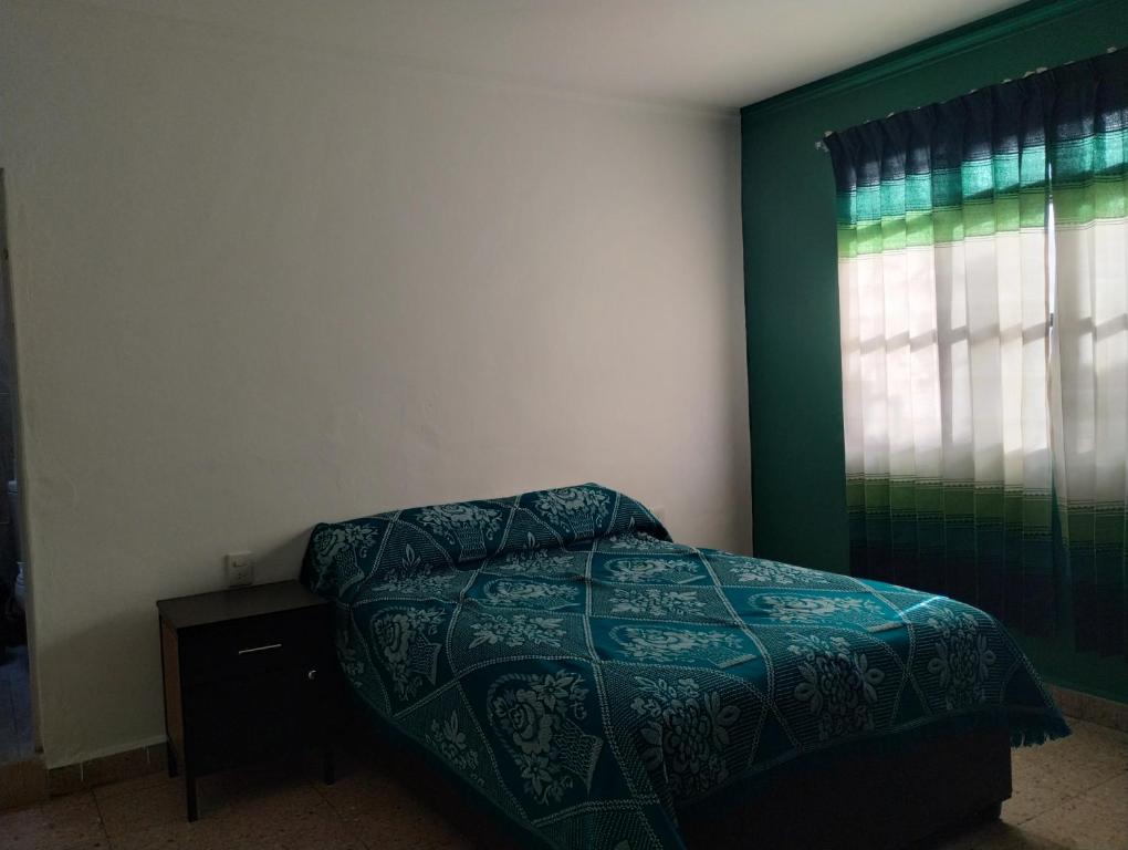 1 dormitorio con cama y pared verde en Casa mami2, en Oaxaca City