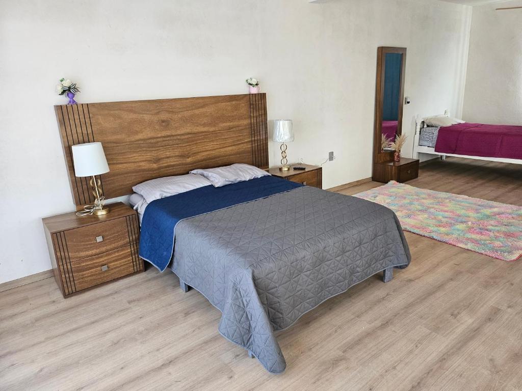 um quarto com uma cama grande e duas mesas de cabeceira em Hospedaje Mamá Coti em Santa Ana Chiautempan