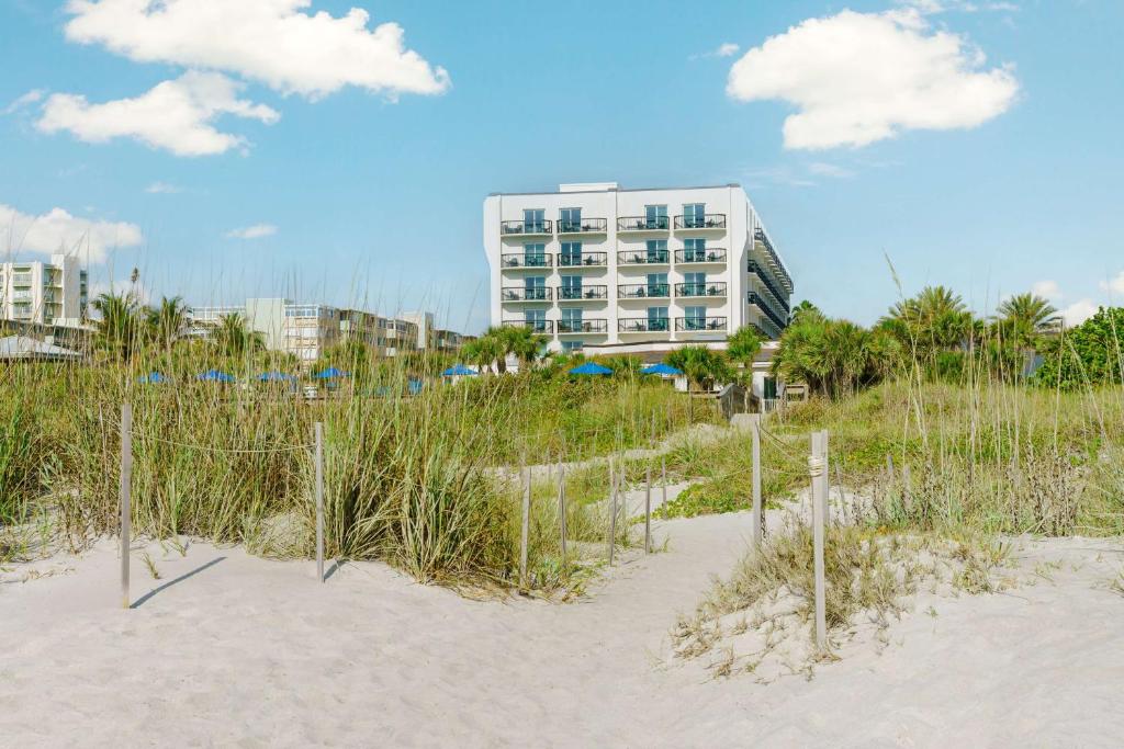 a beach with tall grass and a building in the background at Hilton Garden Inn Cocoa Beach-Oceanfront, FL in Cocoa Beach