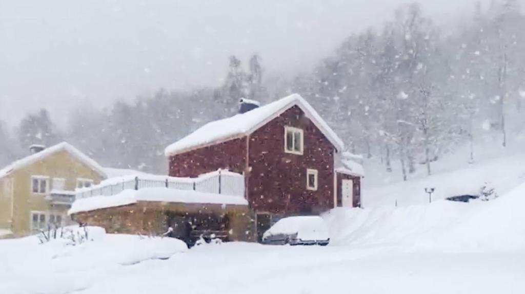 TärnabyにあるHouse in Tärnabyの吹雪の中に雪で覆われた納屋