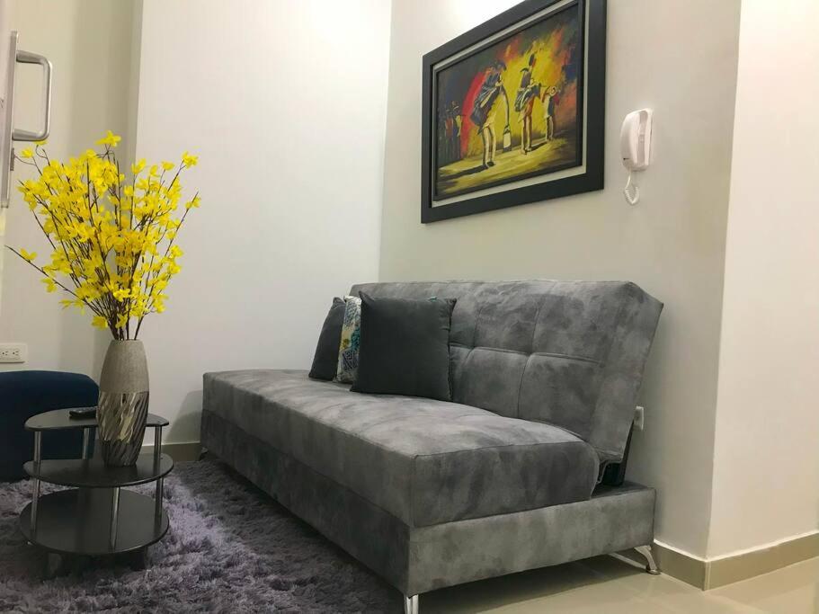 a grey couch in a living room with a picture on the wall at Hermoso apto en Barrancabermeja in Barrancabermeja