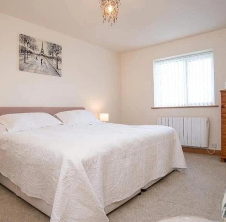 a bedroom with a white bed and a window at Picton Lodge in Holywell