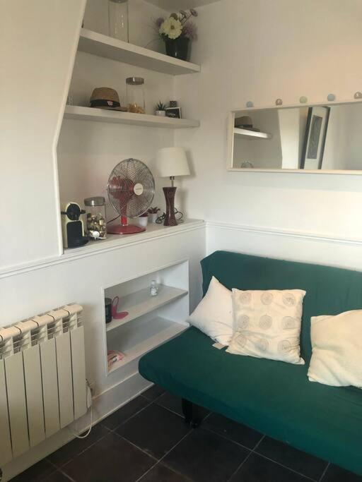 - un salon avec un canapé vert et un ventilateur dans l'établissement STUDIO CŒUR VIEUX PARIS. Pied du métro.Tout équipé, à Paris