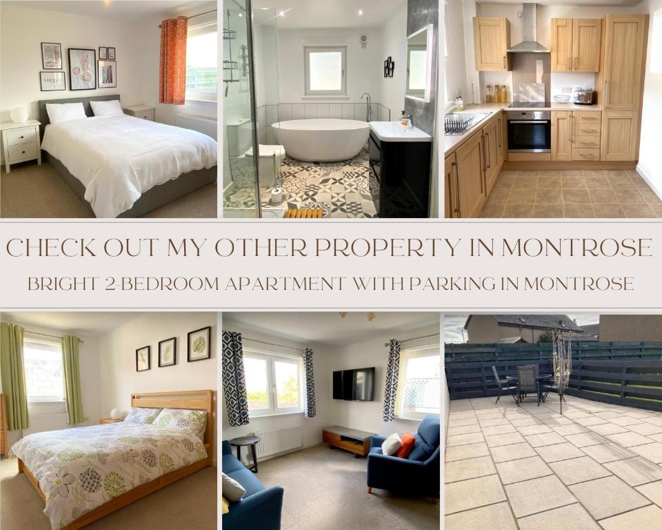 a collage of photos of a bedroom and a bathroom at Central 2-bedroom apartment, Montrose in Montrose