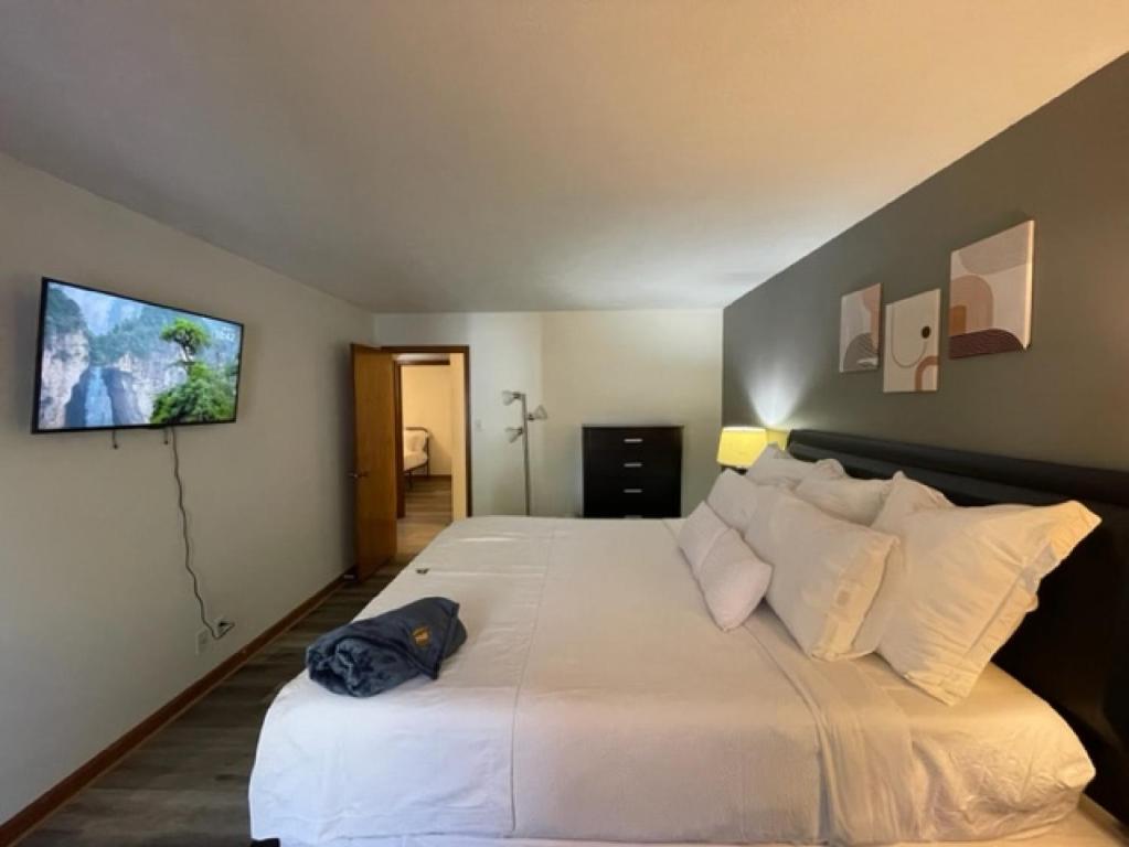 1 dormitorio con 1 cama blanca grande y TV en la pared en Sunblest Suites - A Pet Friendly Home, en Fishers
