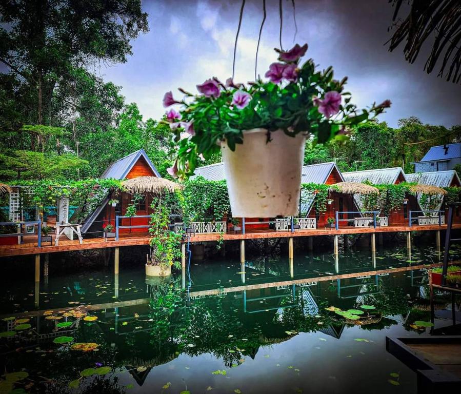 un grand pot de fleurs assis au-dessus d'un étang dans l'établissement เรินนายหัว by KOYAD, 