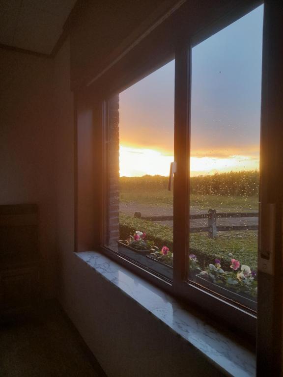 a window with a view of a field at In the old farmhouse in Assenede