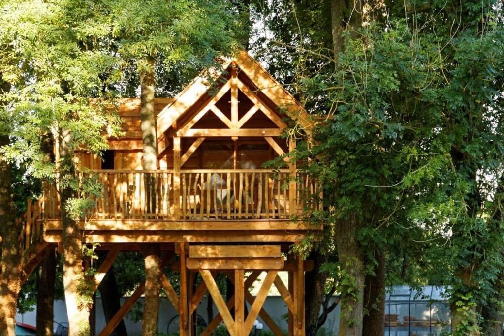 a tree house with a deck in the trees at Cabane perchée luxe avec jacuzzi Domaine du Marais Maisse in Maisse