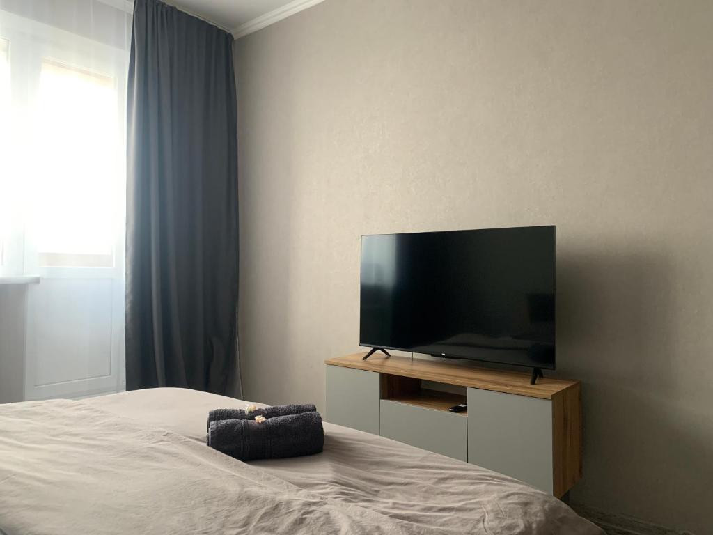 1 dormitorio con TV de pantalla plana y 1 cama en 1-комнатная квартира en Pavlodar