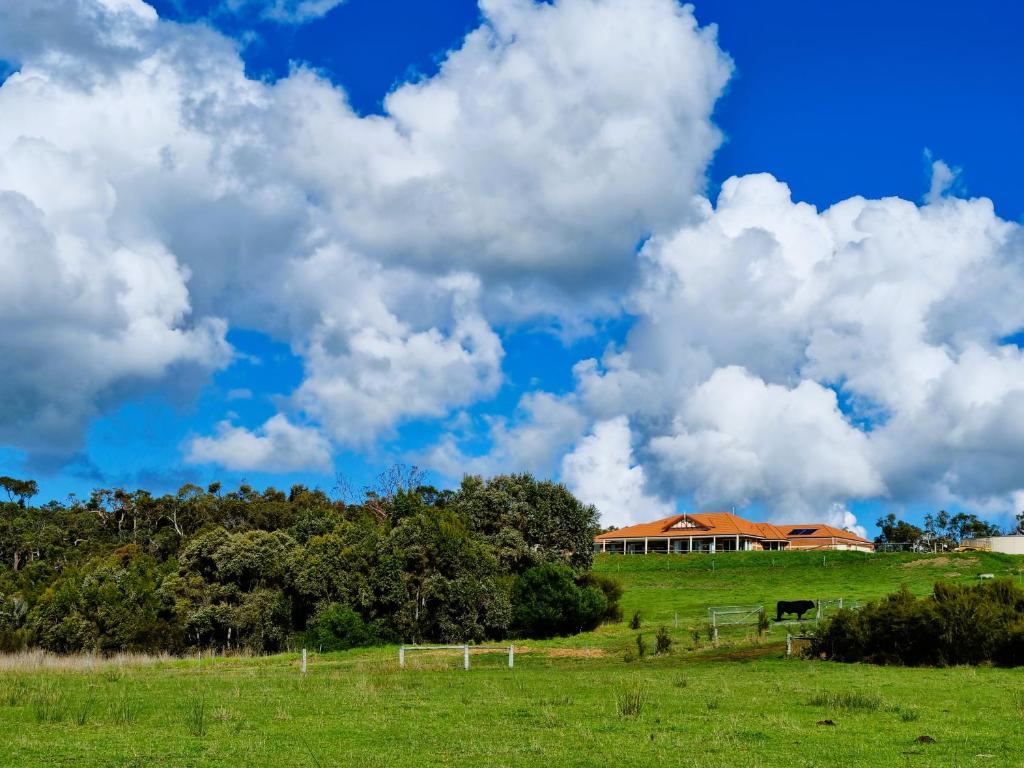 una casa en la cima de un campo verde con nubes en Albany Hidden Valley Bed and Breakfast, 