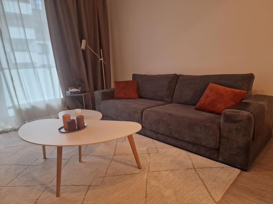 a living room with a couch and a table at Elegant Urban Residence with parking spot in Nivy