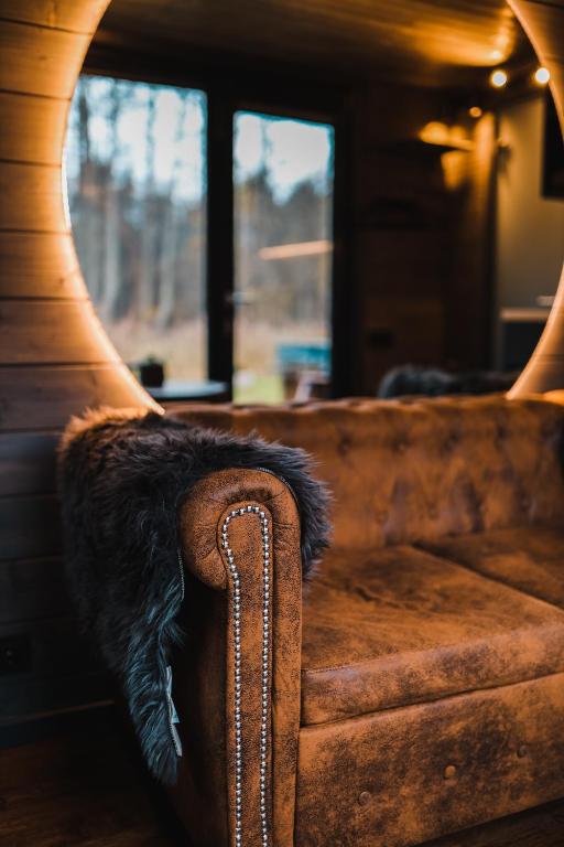 a brown couch with a faux furatchigunigunigunigunigun at Reborn Cabins in Pabaži