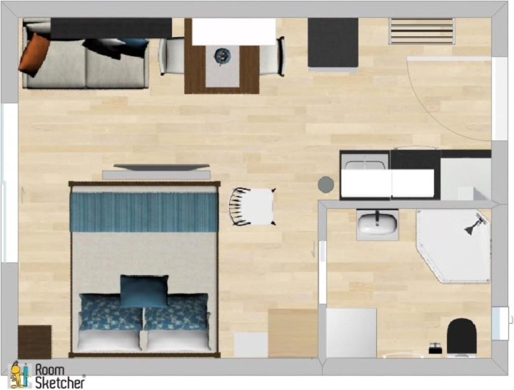 - un plan d'étage d'un petit appartement avec une chambre dans l'établissement Klein aber Fein mitten in Binz, à Binz
