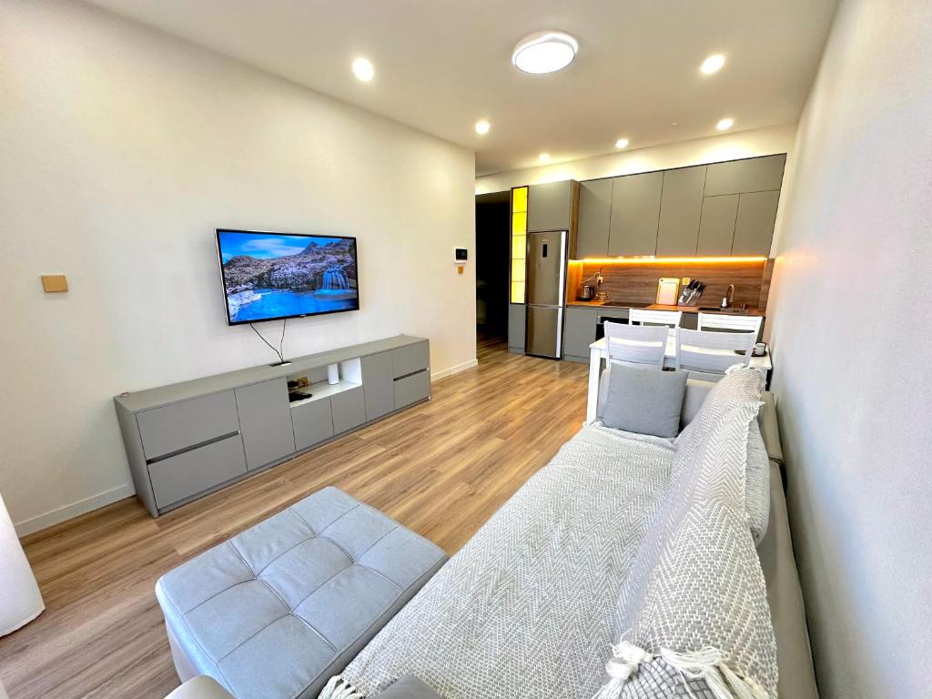 a living room with a bed and a tv on a wall at Exclusive USA Embassy Proximity Apartments in Ulaanbaatar
