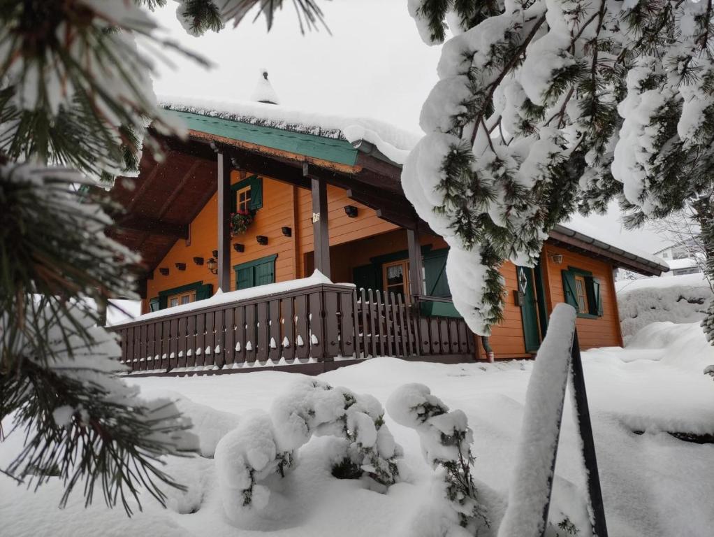 une cabine dans la neige avec des arbres enneigés dans l'établissement Haus Otis, à Bad Mitterndorf