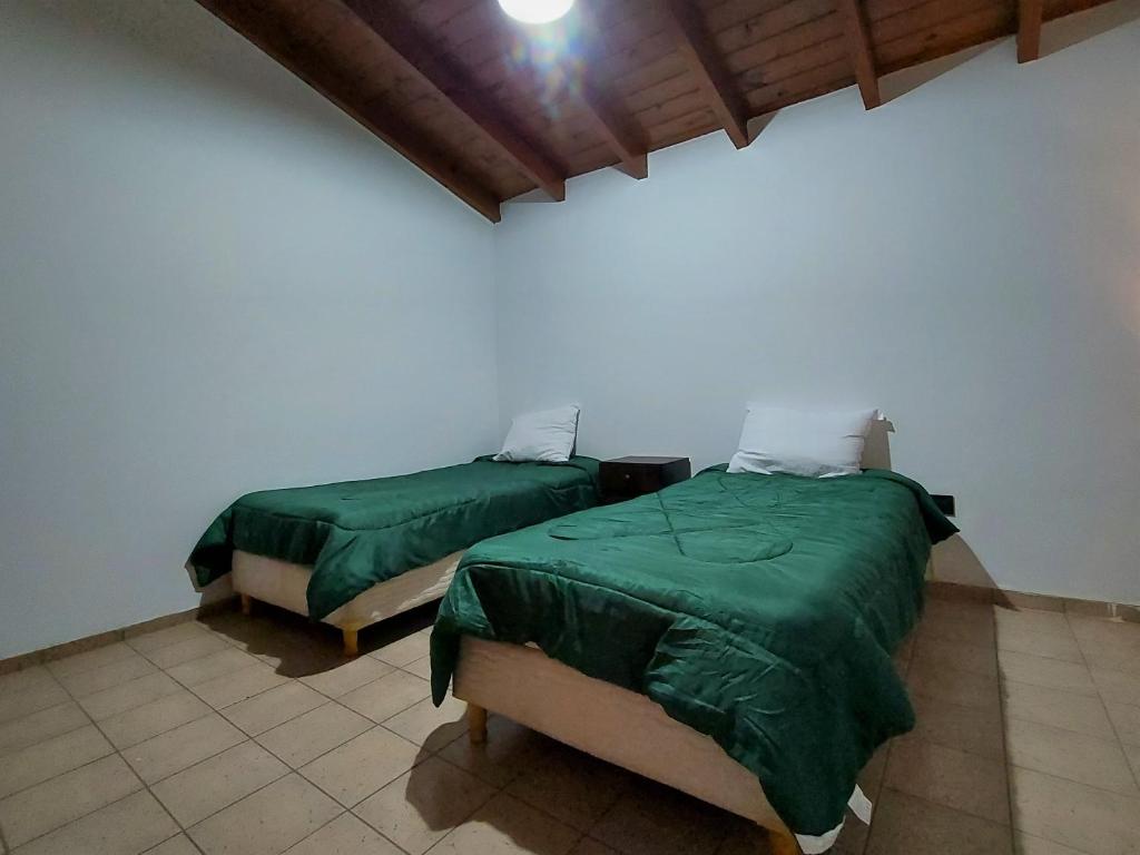 2 Betten mit grünen Decken in einem Zimmer in der Unterkunft Rincon Sanmartiniano in Mendoza