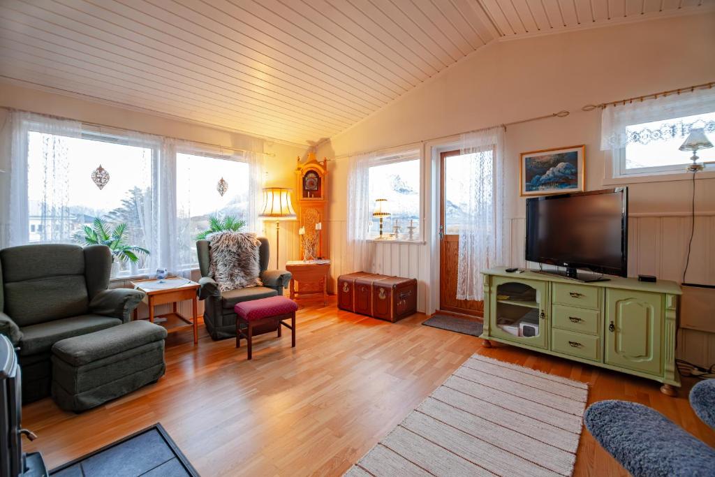 a living room with a couch and a tv at Lofothuset - koselig hus på Fredvang in Hovdan
