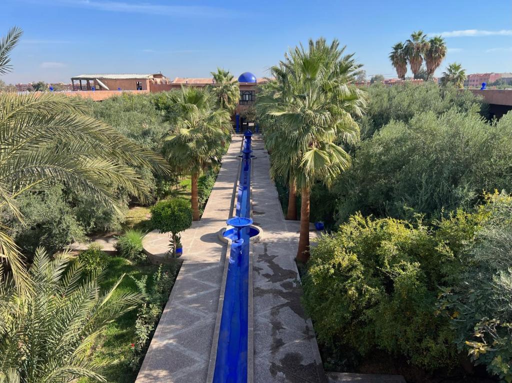 una vista aerea di un sentiero con palme di Hotel L'Oliveraie Jnane Zitoune a Marrakech