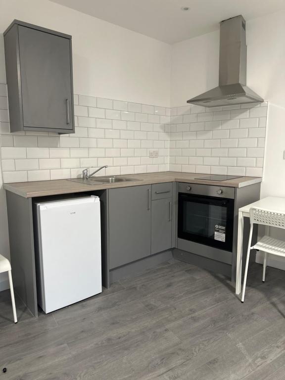 cocina con encimera, fregadero y nevera en London Rd Apartment's, en Leicester