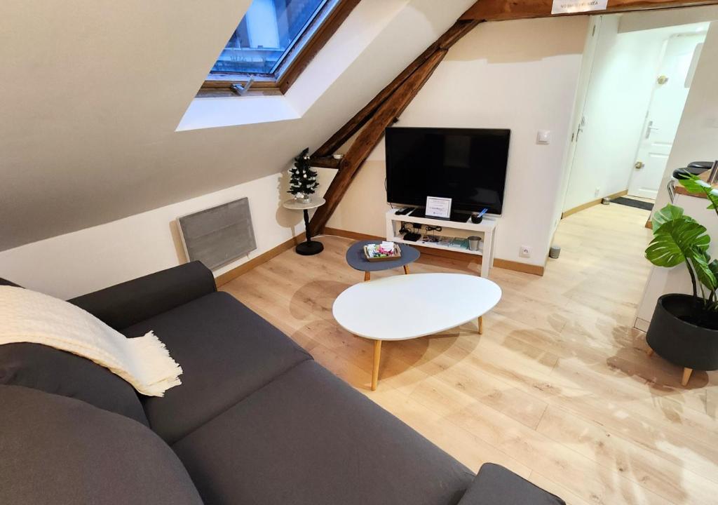 un salon avec un canapé noir et une télévision dans l'établissement Le 6ème ciel de Gutenberg - climatisé, à Tours