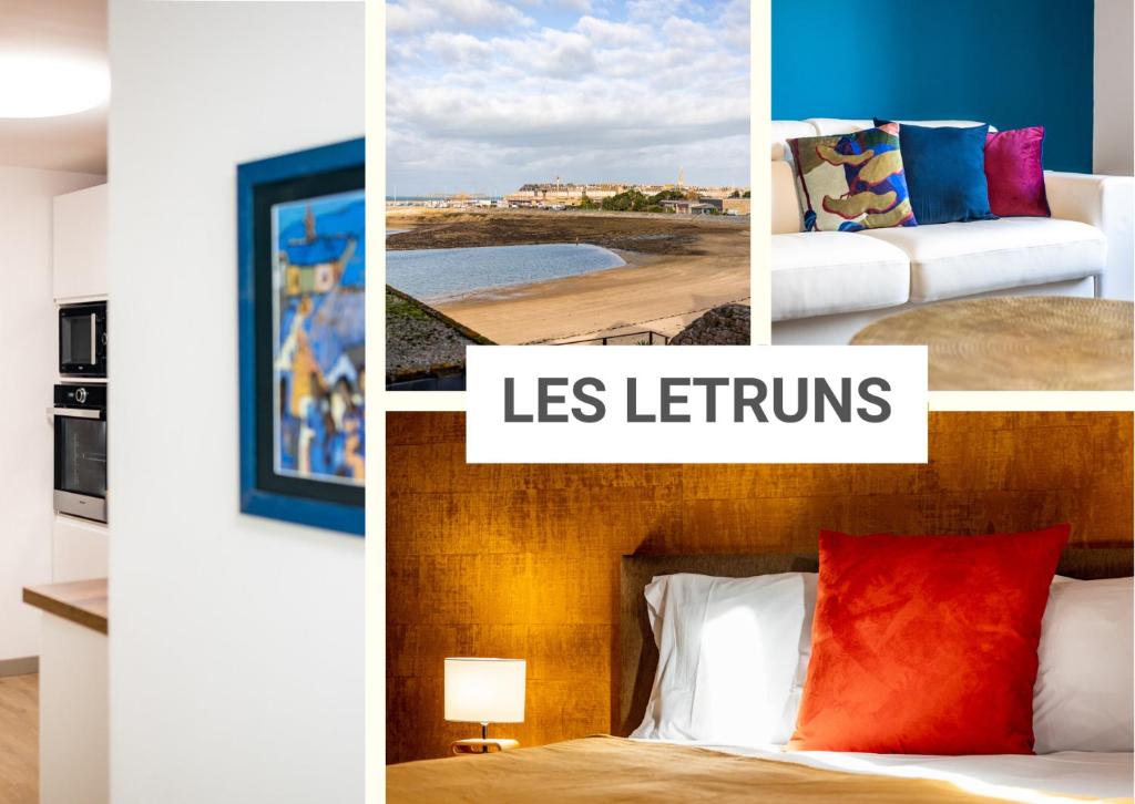 a collage of pictures of a hotel room at Les Létruns - Appart - 4 pers - Vue sur la mer in Saint Malo