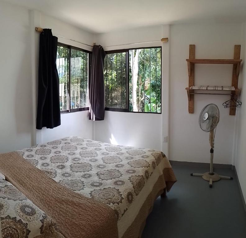 a bedroom with a bed and two windows and a fan at Domus Herbace in San Isidro de El General