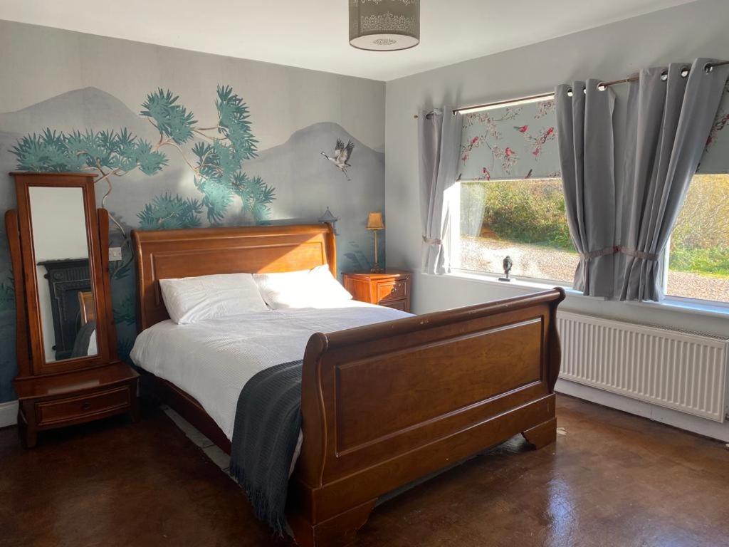 a bedroom with a bed and a mirror and a window at LOCH CONNELL LODGE in Letterkenny