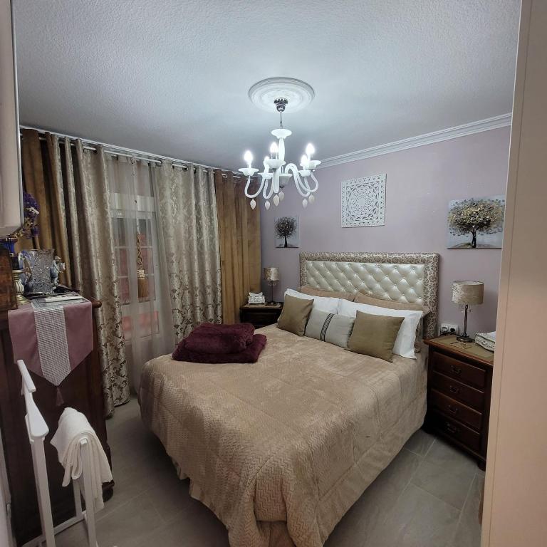 Un dormitorio con una cama grande y una lámpara de araña. en Shared accommodation a room with a view of the garden, en Sevilla