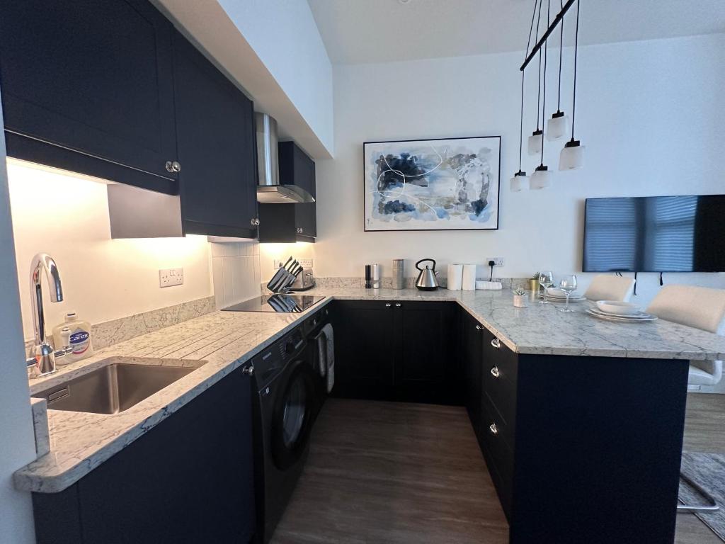 una cocina con armarios negros y fregadero en Contemporary stunning flat, en Reading