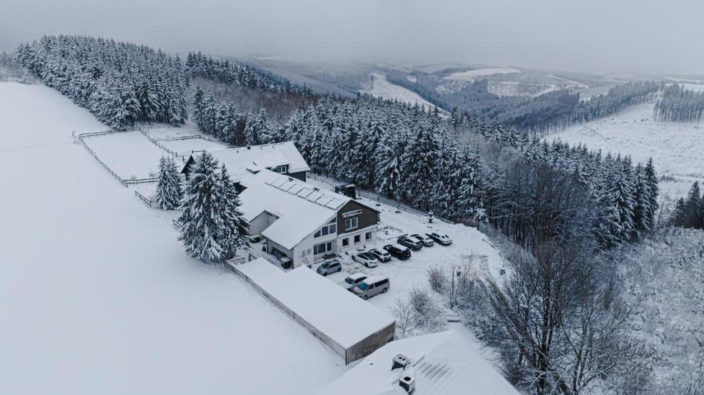 eine Luftansicht eines schneebedeckten Hauses in der Unterkunft Wittgensteiner Landhaus Winterberg in Winterberg