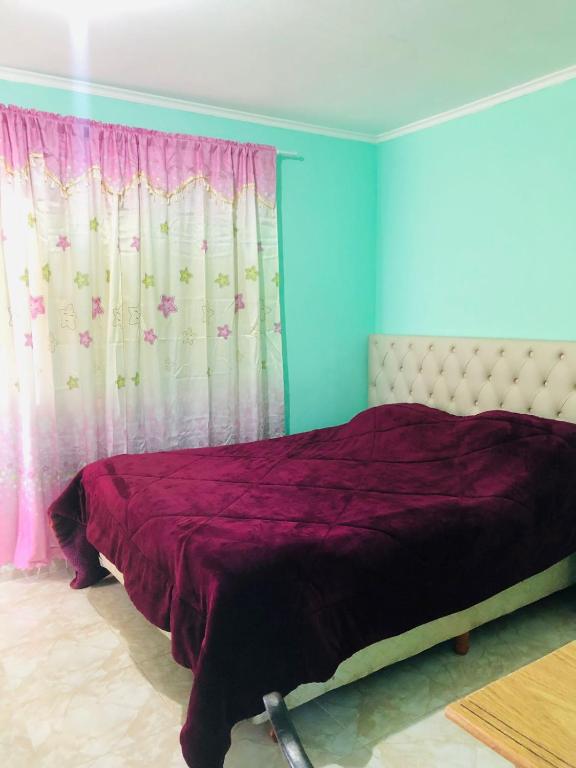 a bedroom with a bed with purple sheets and curtains at HOSPEDAJE LA NORMA in Paso de los Libres