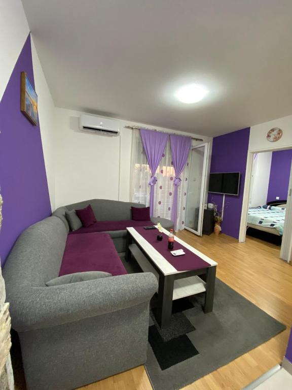 ein Wohnzimmer mit einem Sofa und einem Tisch in der Unterkunft Apartman Stanić in Bosanska Gradiška