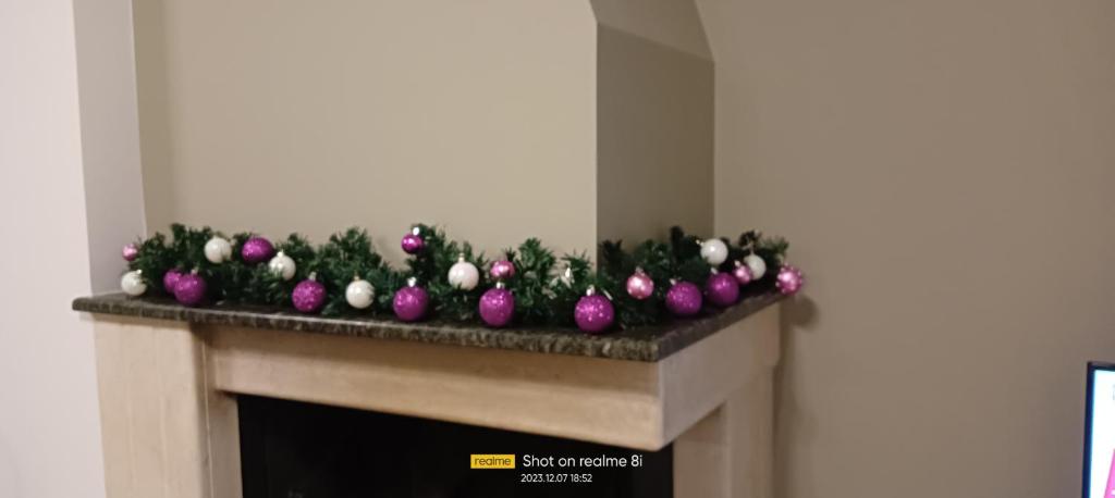 a fireplace with christmas decorations on top of it at Mountainside 