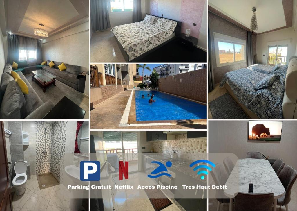 un collage de photos d'une chambre d'hôtel avec piscine dans l'établissement Eden Appartement avec Piscine Et Salle de Sport, à El Jadida