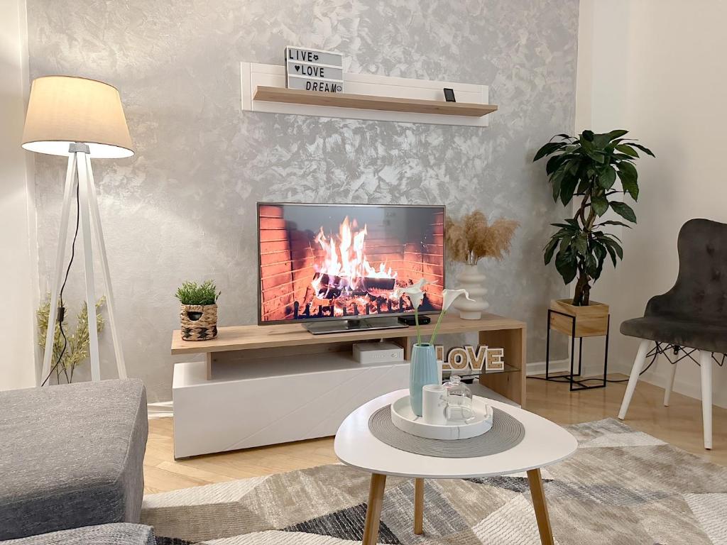 a living room with a tv with a fire on the screen at Train 23 in Belgrade