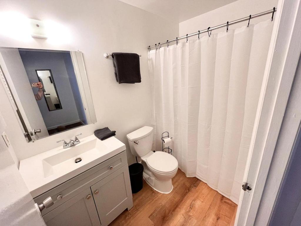 巴爾的摩的住宿－Cheerful Two Bedroom Central Location Downtown，白色的浴室设有卫生间和水槽。
