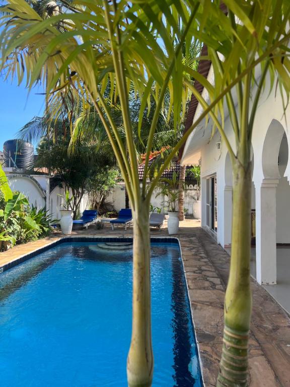 - une piscine avec deux palmiers à côté d'une maison dans l'établissement UKAYA VILLA, à Paje