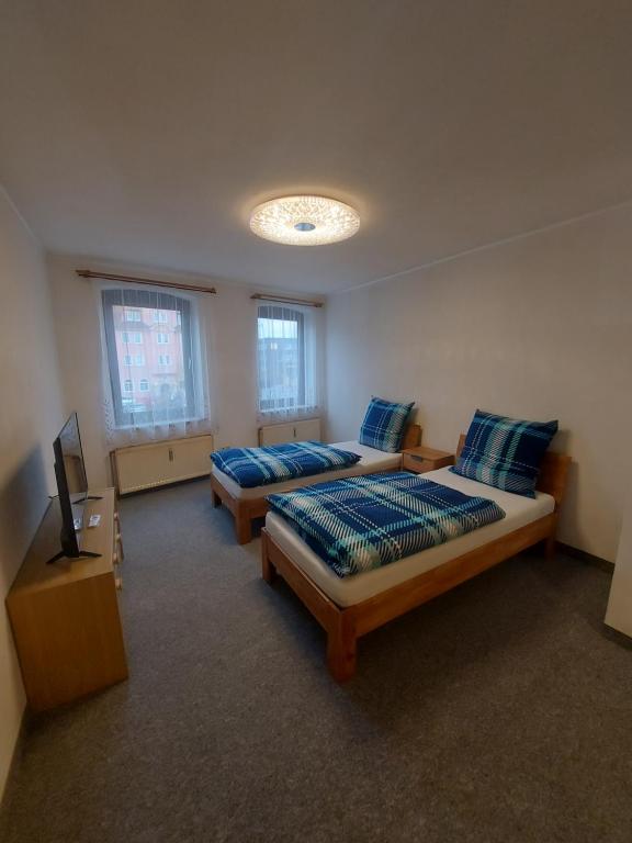 Cette chambre comprend 2 lits et une télévision. dans l'établissement Selb Ferienwohnungen, à Selb