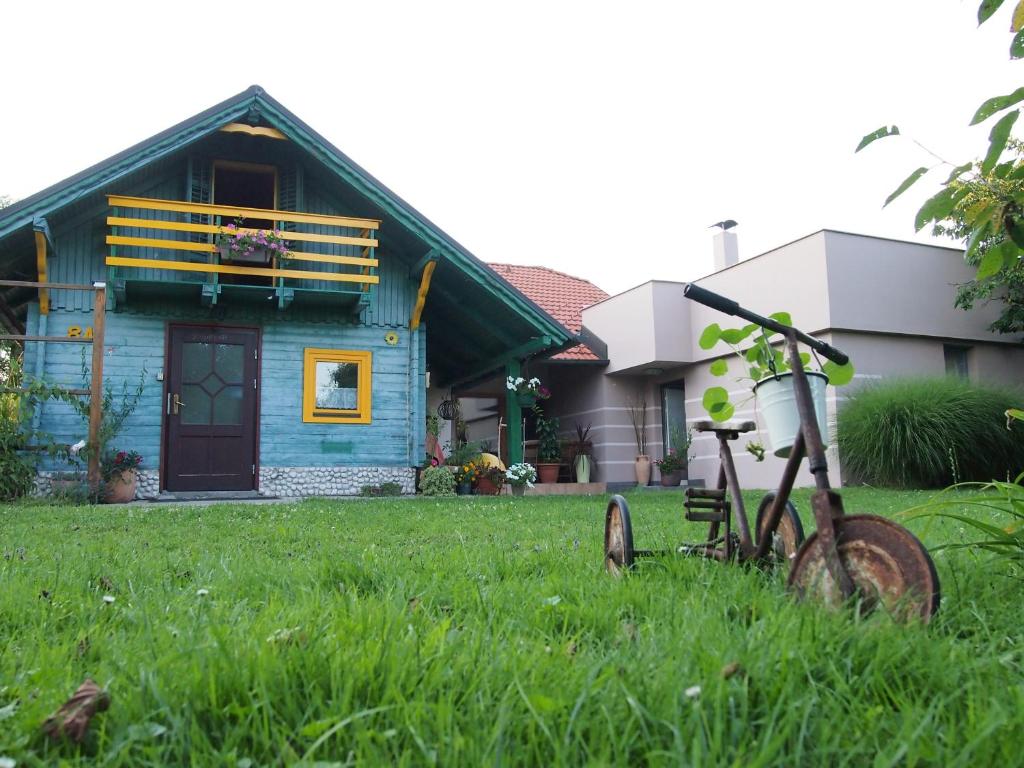 a bike parked in the grass in front of a house at Guest House Bitter in Braslovče