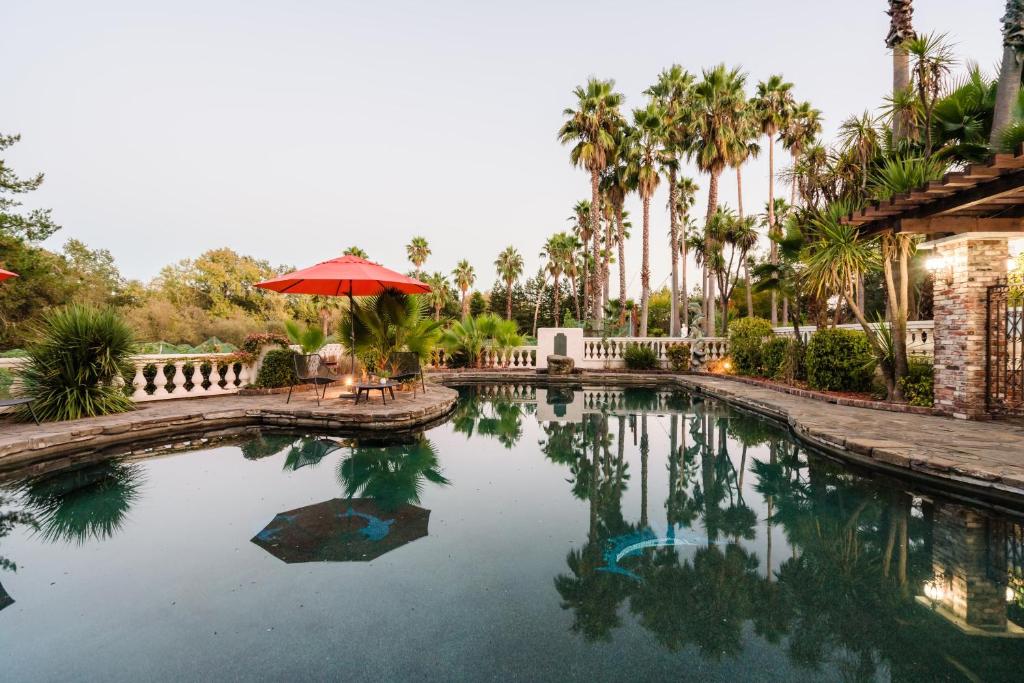 a swimming pool with a red umbrella and palm trees at Estrella by AvantStay Secluded Spanish-Style Estate on 7 Acres of Vineyards in Windsor