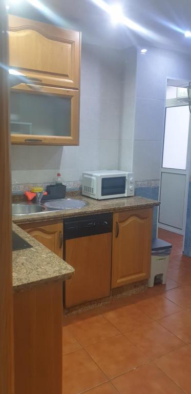 una cocina con fregadero y microondas en una encimera en Piso en pleno centro, cerca de Sevilla, en Alcalá de Guadaira