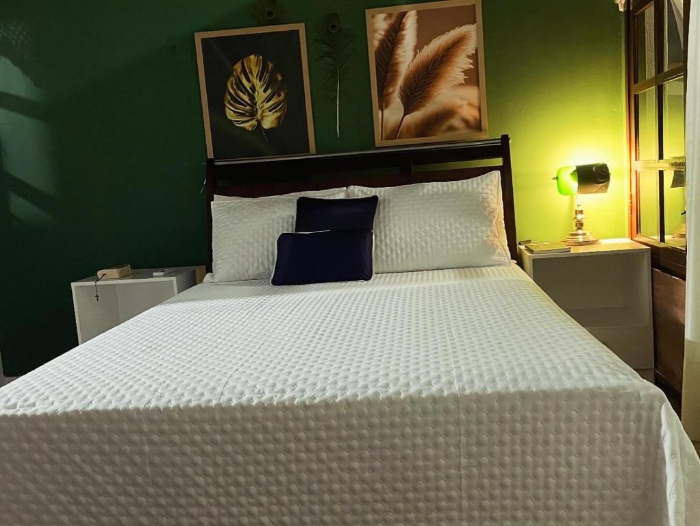 a bedroom with a white bed with a green wall at ACM Flat in Natal