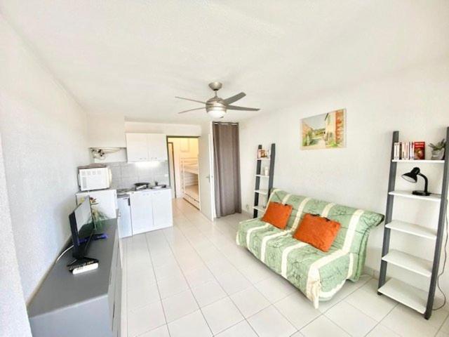 un salon avec un canapé et une cuisine dans l'établissement STUDIO CABINE 4 PERSONNES + GARAGE, au Grau-du-Roi