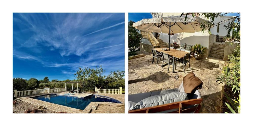 Casa con piscina y mesa con sombrilla en Casa Rural Girasoles Calig REF. 046, en Castellón de la Plana