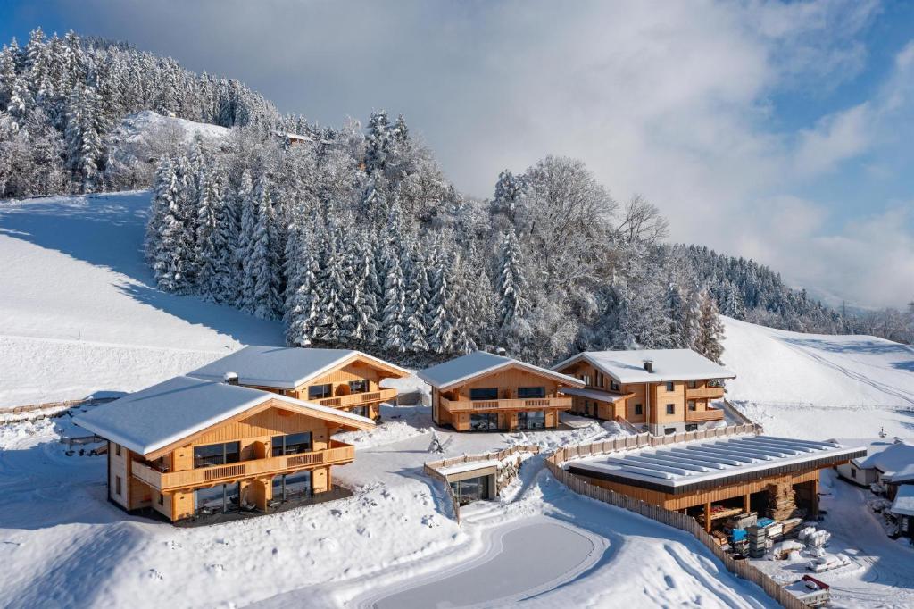 eine Lodge im Schnee mit schneebedeckten Bäumen in der Unterkunft Alpenchalets Oberlaiming in Itter