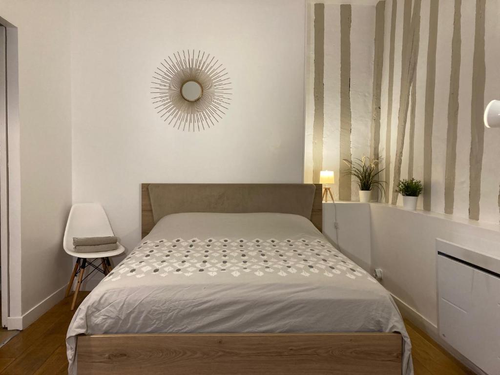 a bedroom with a bed and a mirror on the wall at Studio N 2 cosy hypercentre, rue Saint Nicolas in Rouen