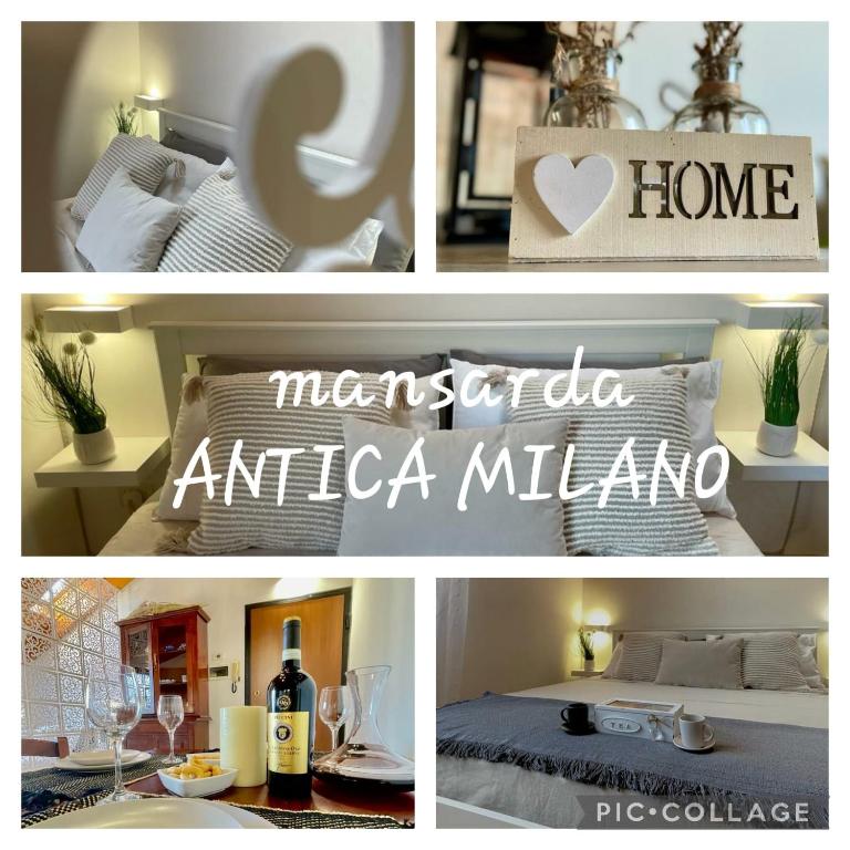 a collage of pictures of a bedroom with a bed at Mansarda antica Milano in San Giuliano Milanese