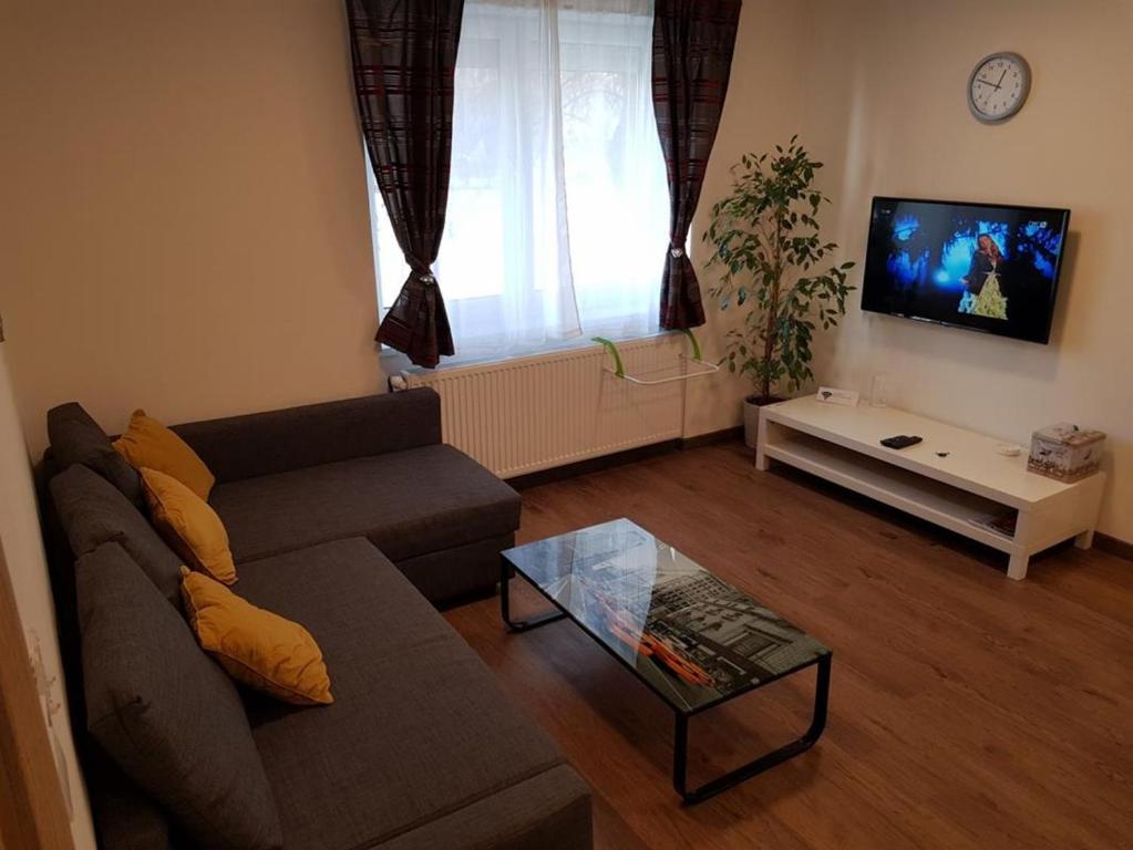 ein Wohnzimmer mit einem Sofa und einem Couchtisch in der Unterkunft Zagreb apartment in Zagreb