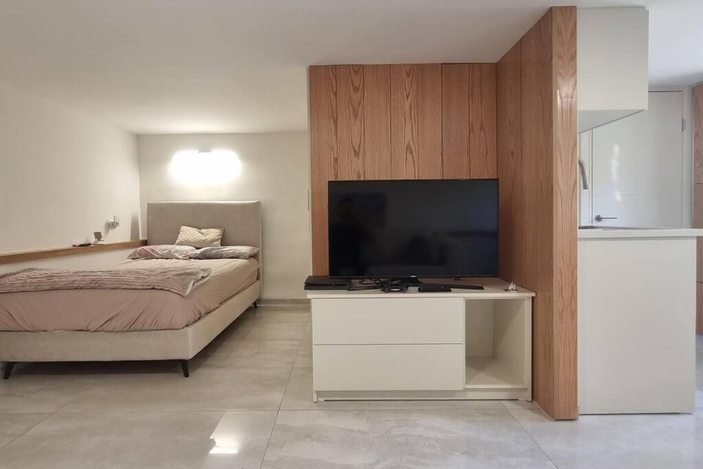 1 dormitorio con 1 cama y TV de pantalla plana en studio apartment, en Naẕerat ‘Illit