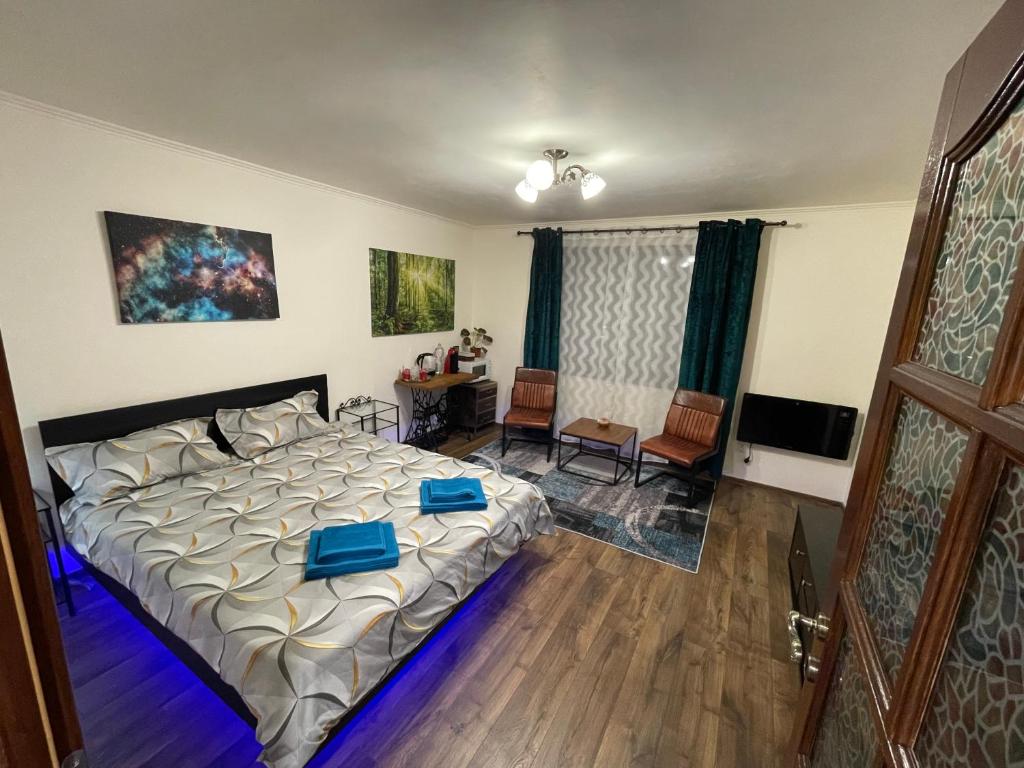 1 dormitorio con 1 cama y sala de estar en Alio Room Campulung Moldovenesc, en Câmpulung Moldovenesc